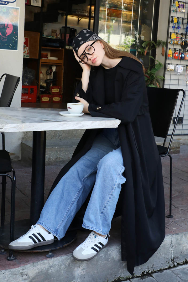 Geniş Yaka Trençkot Siyah - 9