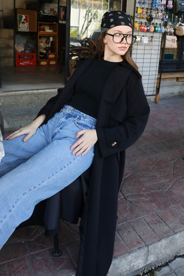 Geniş Yaka Trençkot Siyah - 13