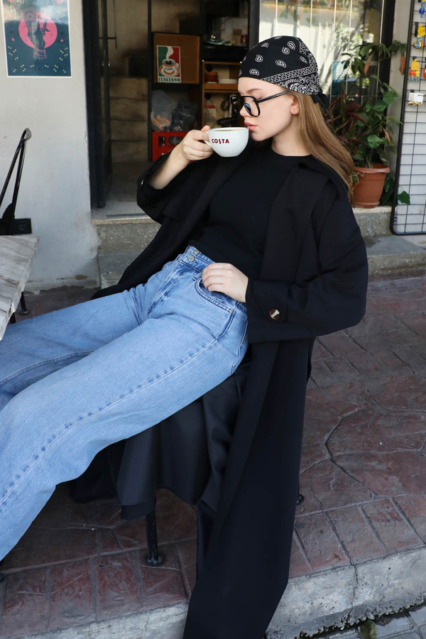 Geniş Yaka Trençkot Siyah - 4