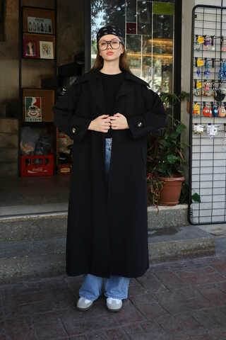 Geniş Yaka Trençkot Siyah - 1