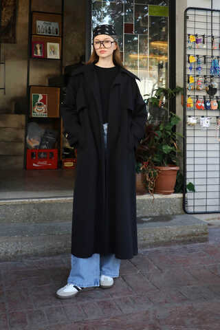 Geniş Yaka Trençkot Siyah - 2