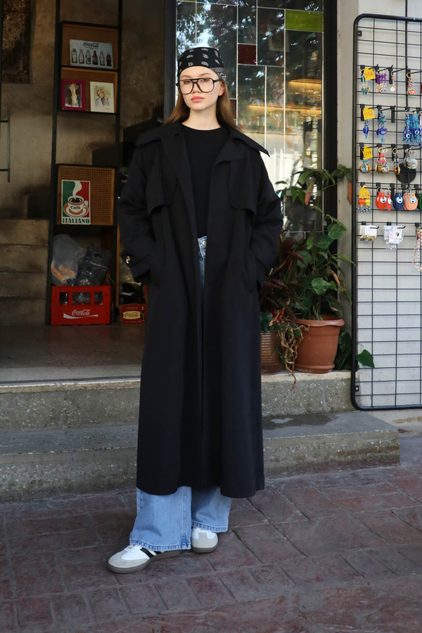 Geniş Yaka Trençkot Siyah - 2