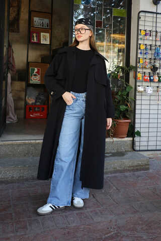 Geniş Yaka Trençkot Siyah - 5