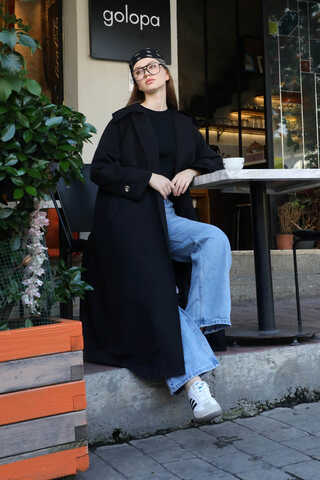 Geniş Yaka Trençkot Siyah - 8