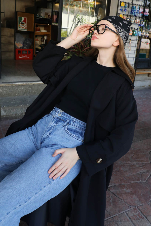 Geniş Yaka Trençkot Siyah - 12