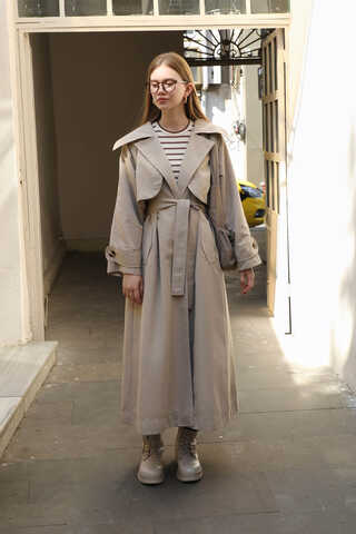 Geniş Yaka Trençkot Taş - 1