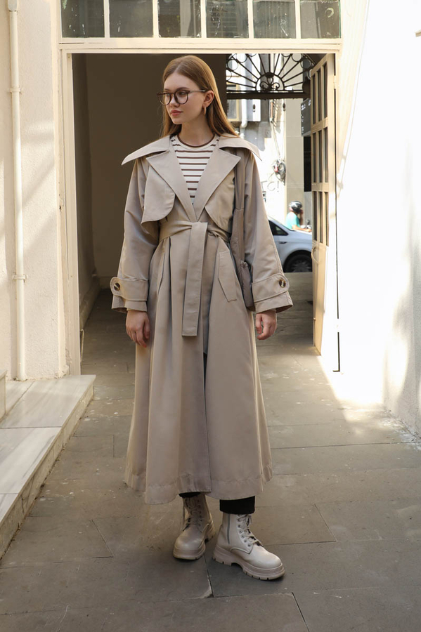 Geniş Yaka Trençkot Taş - 2