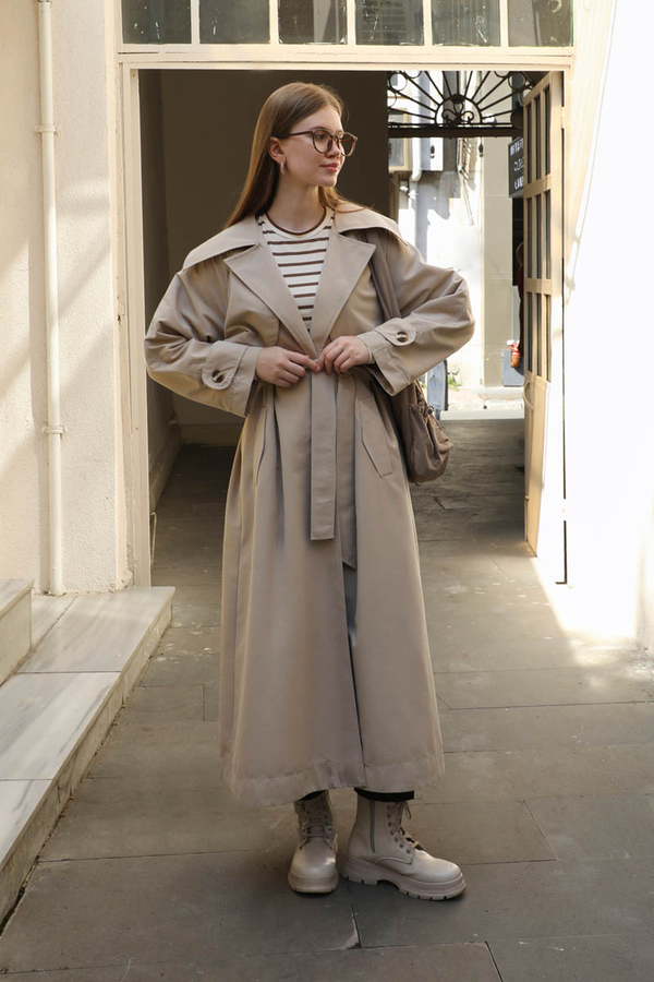 Geniş Yaka Trençkot Taş - 3