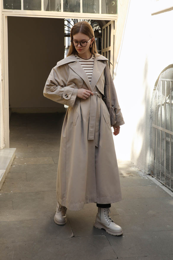 Geniş Yaka Trençkot Taş - 4