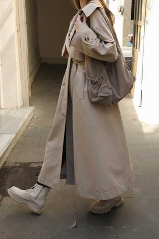 Geniş Yaka Trençkot Taş - 5