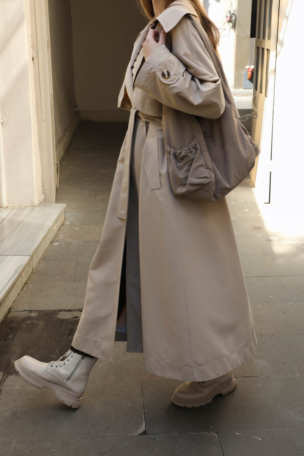 Geniş Yaka Trençkot Taş - 5