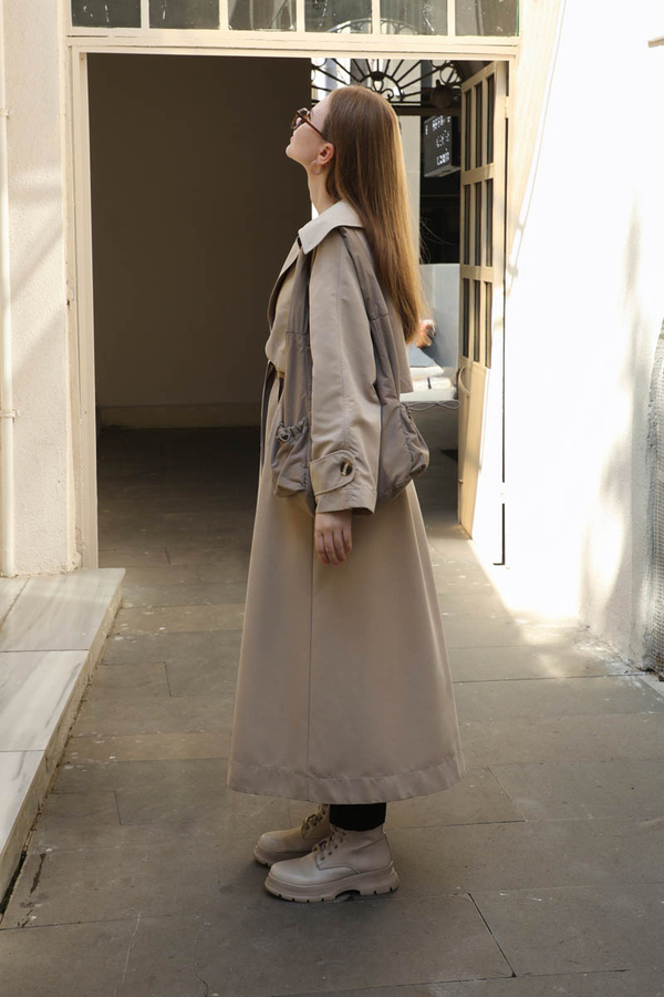 Geniş Yaka Trençkot Taş - 6