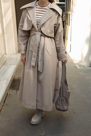 Geniş Yaka Trençkot Taş - 7