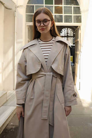 Geniş Yaka Trençkot Taş - 8