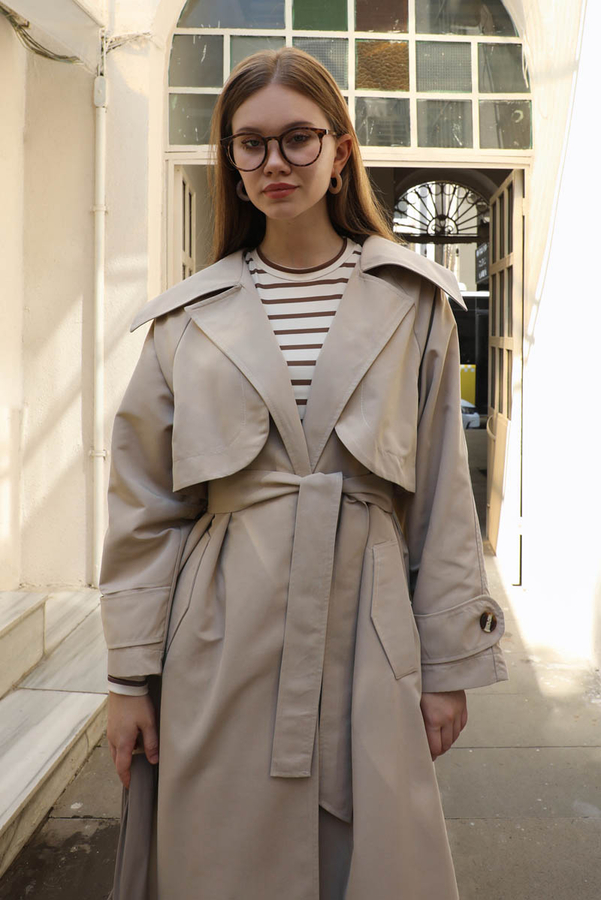 Geniş Yaka Trençkot Taş - 8