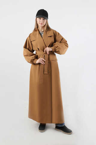 Geniş Yaka Uzun Trençkot Taba - 1