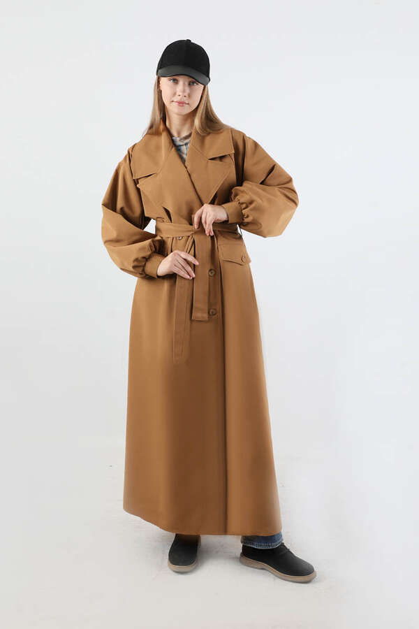 Geniş Yaka Uzun Trençkot Taba - 1