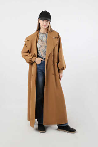 Geniş Yaka Uzun Trençkot Taba - 3