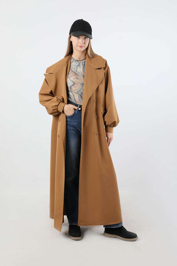 Geniş Yaka Uzun Trençkot Taba - 3