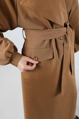 Geniş Yaka Uzun Trençkot Taba - 4