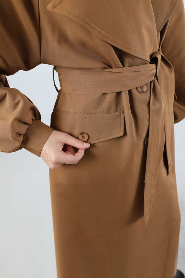 Geniş Yaka Uzun Trençkot Taba - 4