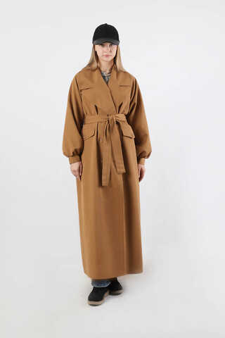 Geniş Yaka Uzun Trençkot Taba - 5