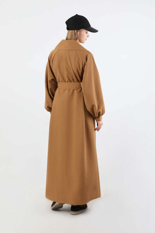 Geniş Yaka Uzun Trençkot Taba - 6