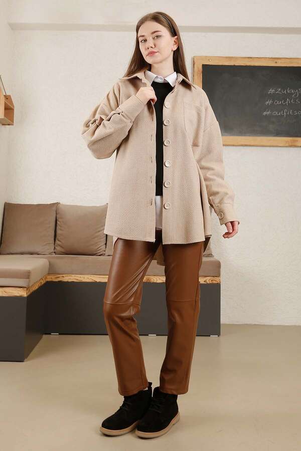 Gingham Oversize Shirt Beige - 3