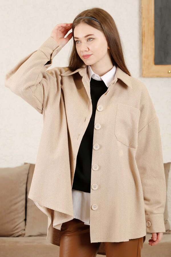 Gingham Oversize Shirt Beige - 4