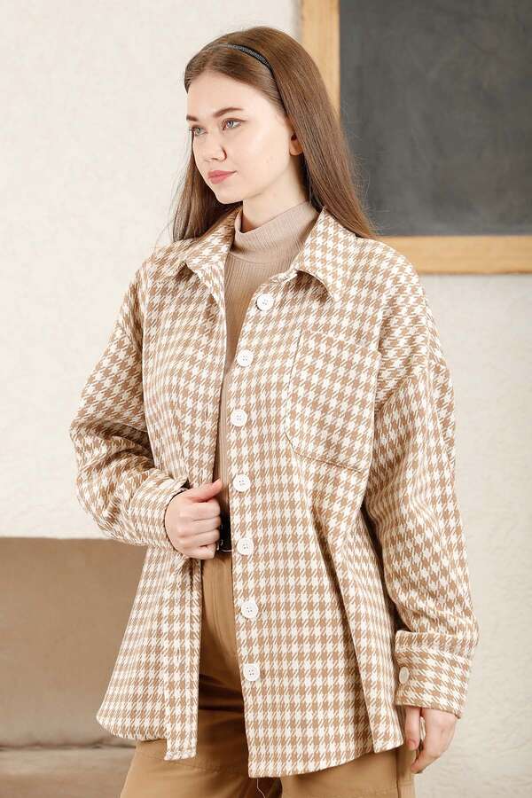 Gingham Oversize Shirt Camel - 1