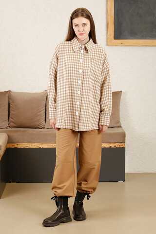 Gingham Oversize Shirt Camel - 3