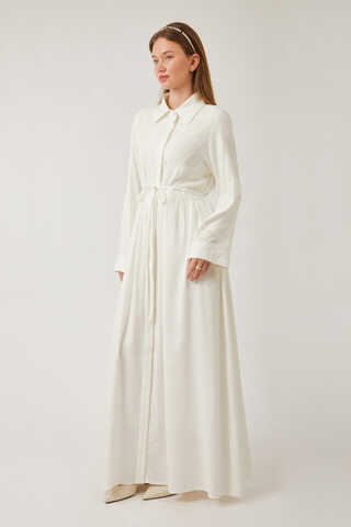 Gizli Düğmeli Dantelli Elbise Beyaz - 12