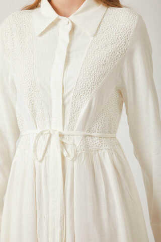 Gizli Düğmeli Dantelli Elbise Beyaz - 13