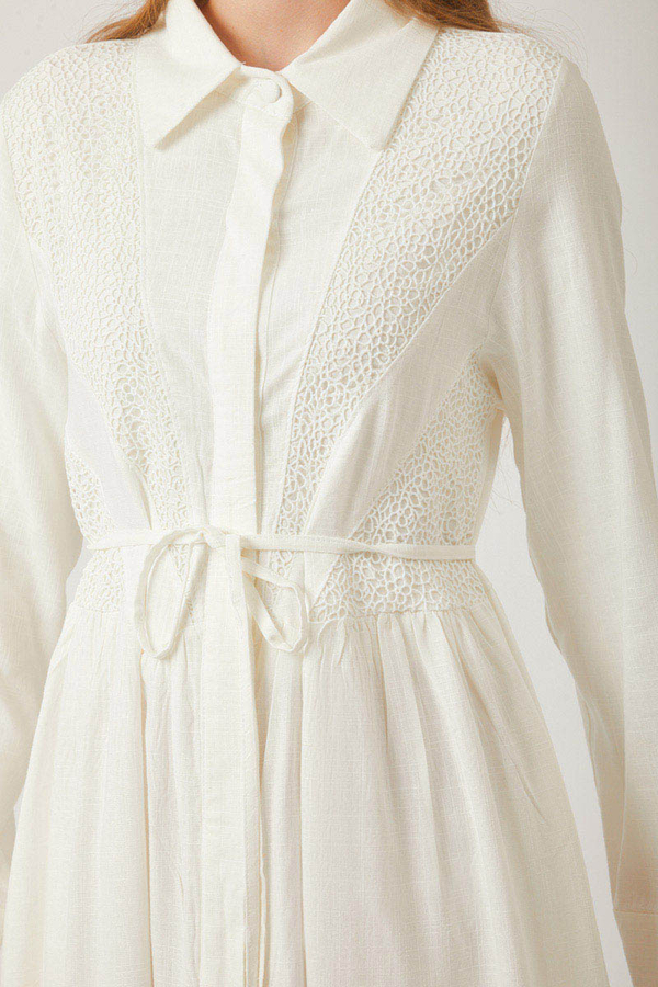 Gizli Düğmeli Dantelli Elbise Beyaz - 13