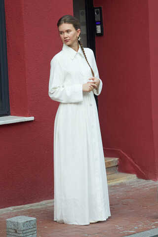 Gizli Düğmeli Dantelli Elbise Beyaz - 2