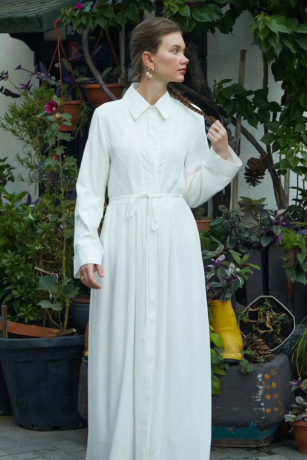 Gizli Düğmeli Dantelli Elbise Beyaz - 8