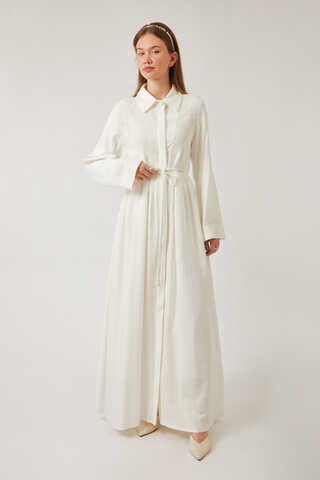 Gizli Düğmeli Dantelli Elbise Beyaz - 14