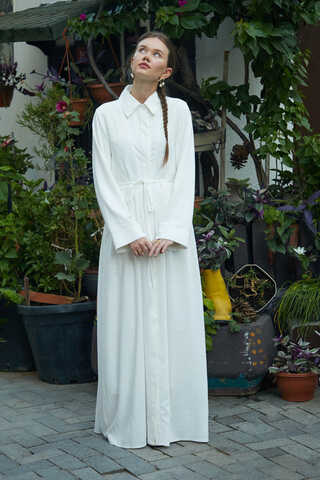 Gizli Düğmeli Dantelli Elbise Beyaz - 5