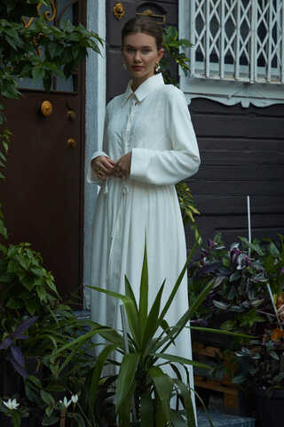 Gizli Düğmeli Dantelli Elbise Beyaz - 6