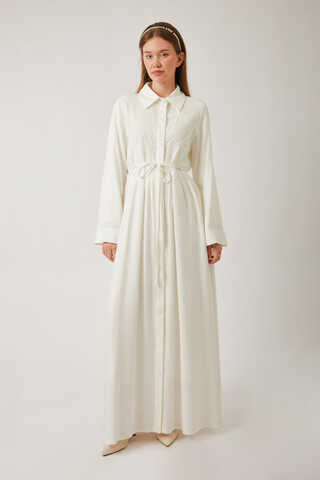 Gizli Düğmeli Dantelli Elbise Beyaz - 10