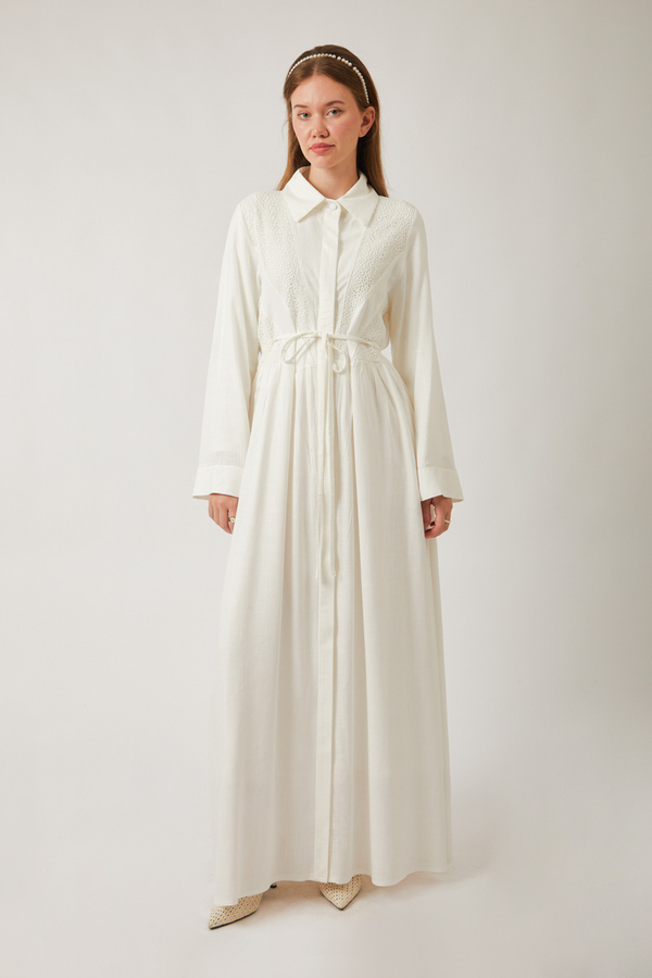 Gizli Düğmeli Dantelli Elbise Beyaz - 10