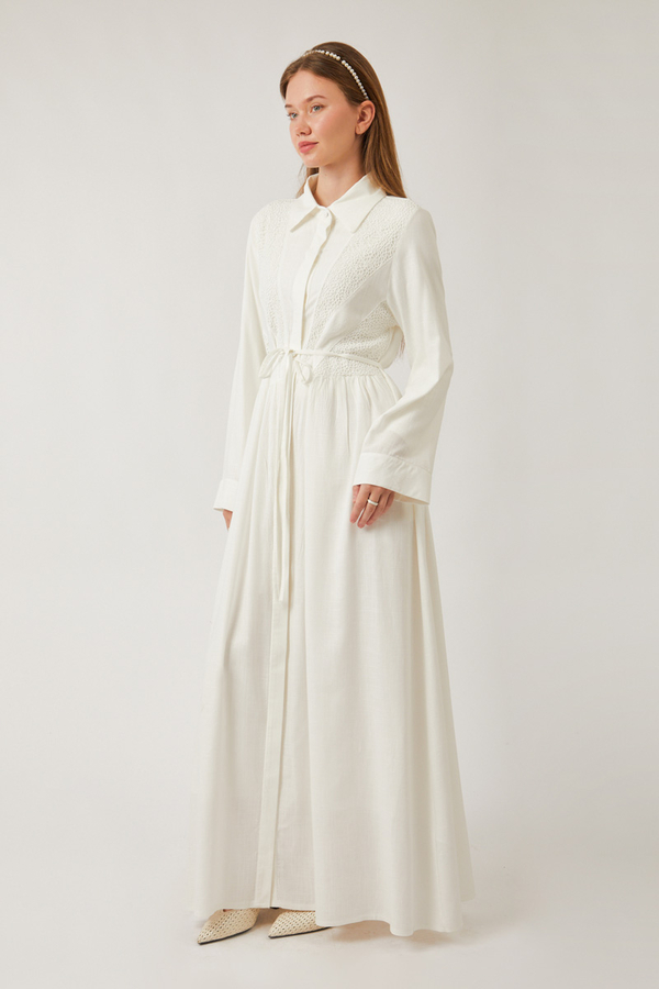 Gizli Düğmeli Dantelli Elbise Beyaz - 12