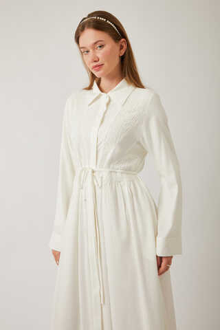 Gizli Düğmeli Dantelli Elbise Beyaz - 11