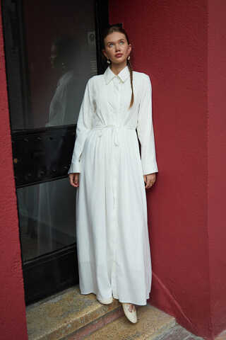 Gizli Düğmeli Dantelli Elbise Beyaz - 1