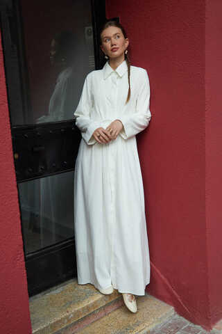 Gizli Düğmeli Dantelli Elbise Beyaz - 3