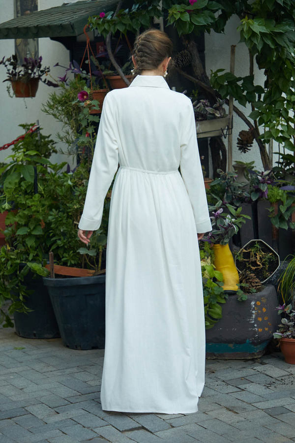 Gizli Düğmeli Dantelli Elbise Beyaz - 9