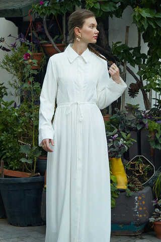 Gizli Düğmeli Dantelli Elbise Beyaz - 8