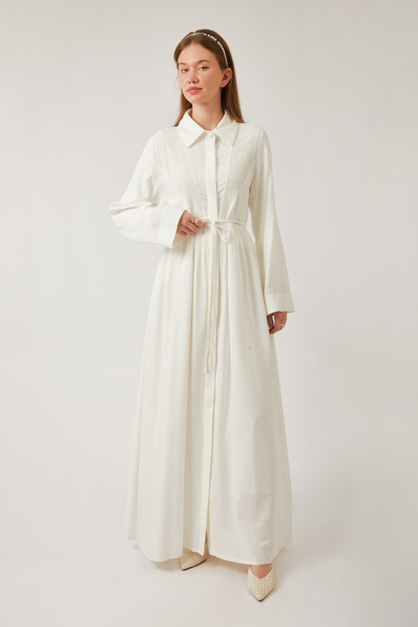 Gizli Düğmeli Dantelli Elbise Beyaz - 14