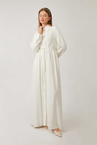 Gizli Düğmeli Dantelli Elbise Beyaz - 16