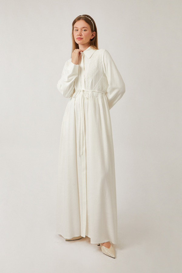 Gizli Düğmeli Dantelli Elbise Beyaz - 16